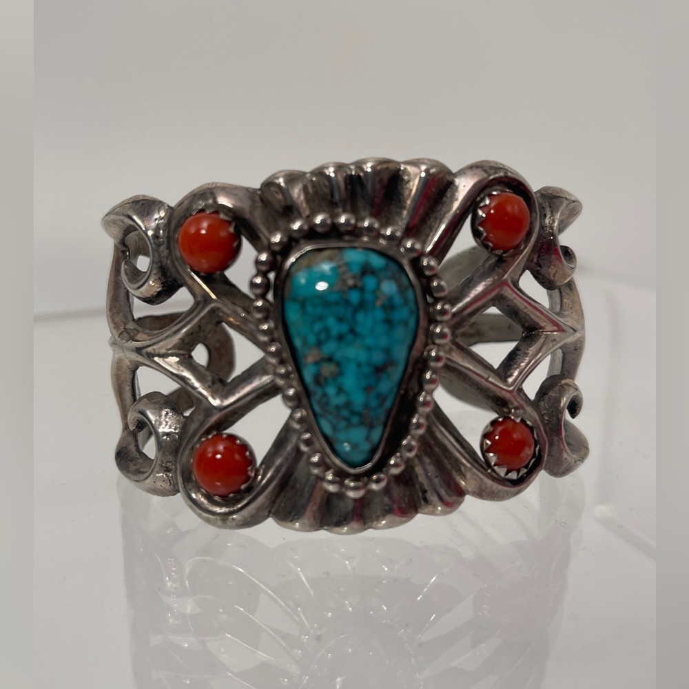 Silver and Turquoise Bracelet with Red Accents - Picture 2 of 4